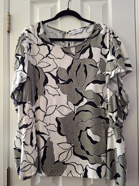 Nine West Linen Blend Floral Blouse With Subtle Waist Smocking